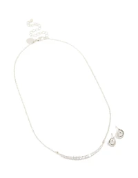 Silver Cubic Zirconia Pear Knot Earrings & Tennis Necklace Set