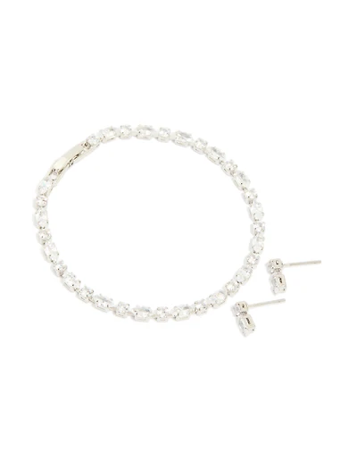 Silver Cubic Zirconia Tennis Bracelet & Earrings Set
