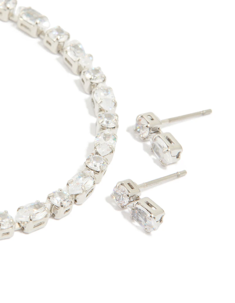 Silver Cubic Zirconia Tennis Bracelet & Earrings Set
