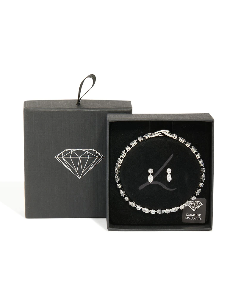 Silver Cubic Zirconia Tennis Bracelet & Earrings Set