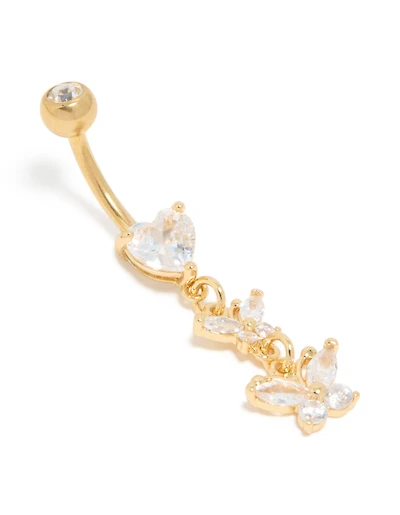 Gold Plated Surgical Steel Cubic Zirconia Heart & Butterfly Drop Belly Bar