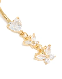 Gold Plated Surgical Steel Cubic Zirconia Heart & Butterfly Drop Belly Bar