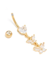 Gold Plated Surgical Steel Cubic Zirconia Heart & Butterfly Drop Belly Bar