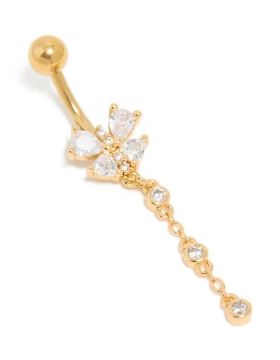 Gold Plated Surgical Steel Cubic Zirconia Bezel Set Drop Belly Bar