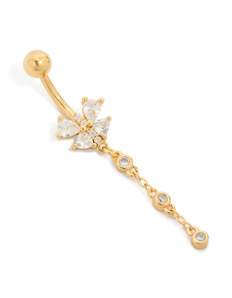 Gold Plated Surgical Steel Cubic Zirconia Bezel Set Drop Belly Bar