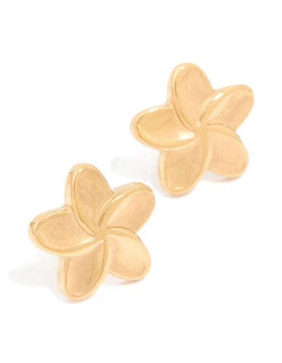 Waterproof Gold Plated Stainless Steel Smooth Flower Stud Earrings