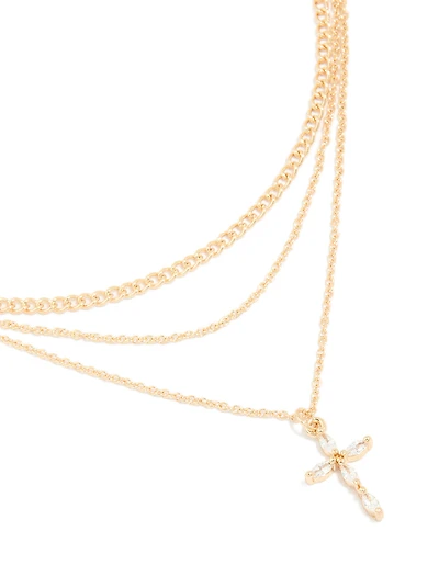 Gold Cubic Zirconia Cross & Chain Layered Necklace