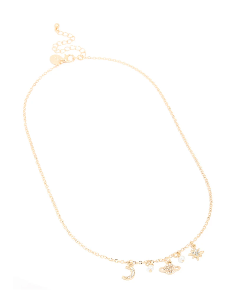 Gold Pearl Diamante Celestial Charm Necklace