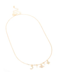 Gold Pearl Diamante Celestial Charm Necklace