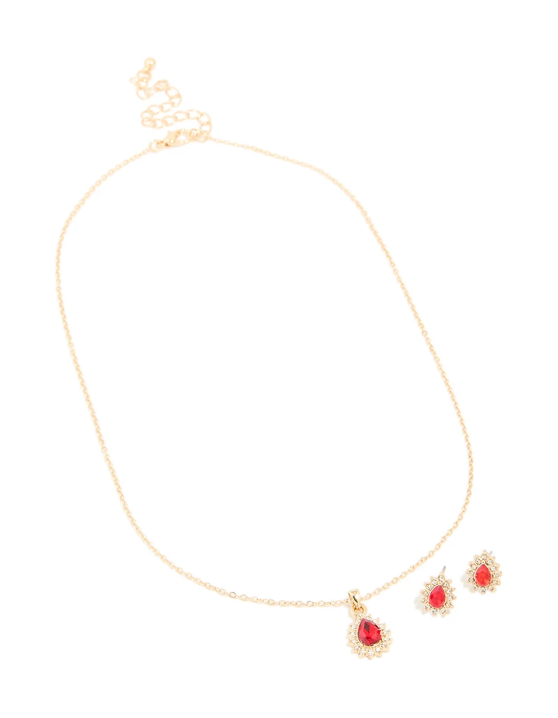 Gold Red Diamante Pear Border Pendant Necklace & Earrings Set
