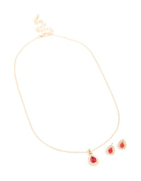 Gold Red Diamante Pear Border Pendant Necklace & Earrings Set