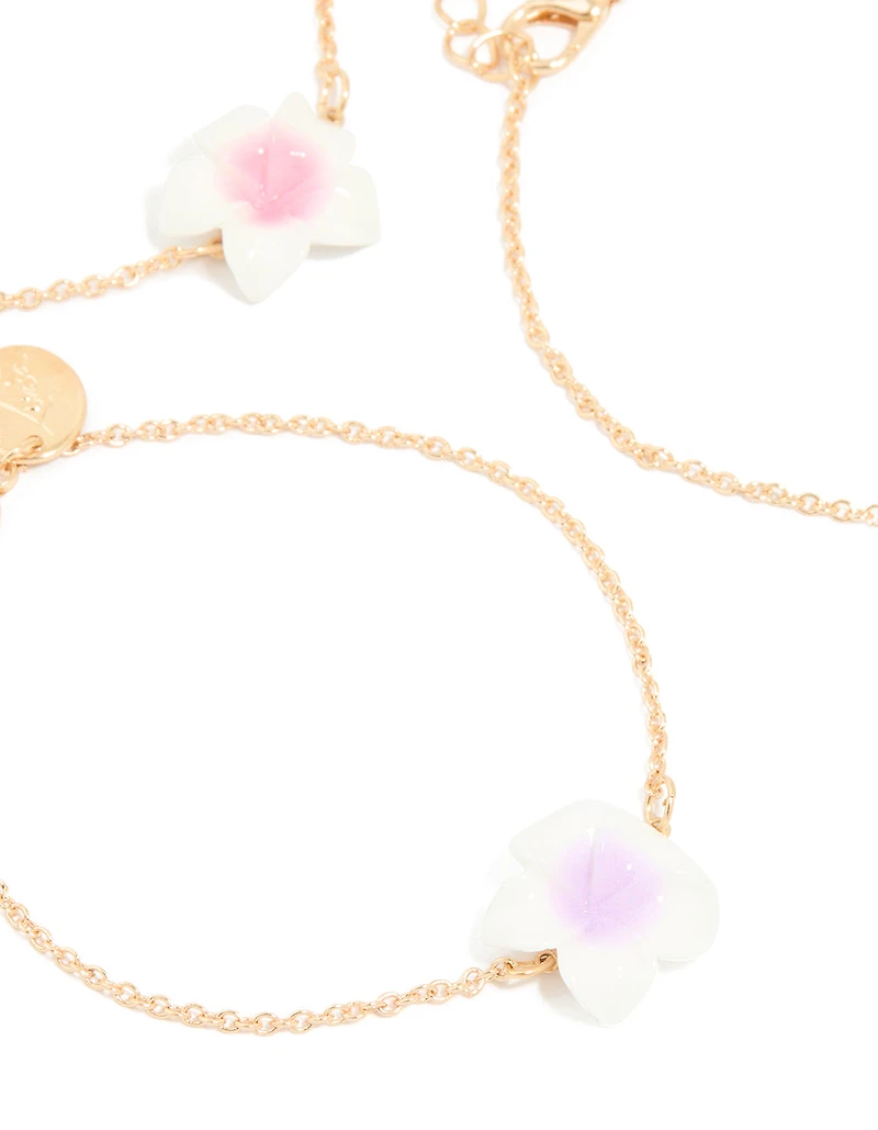 Gold Pastel Frangipani Flower Bracelets 3-Pack