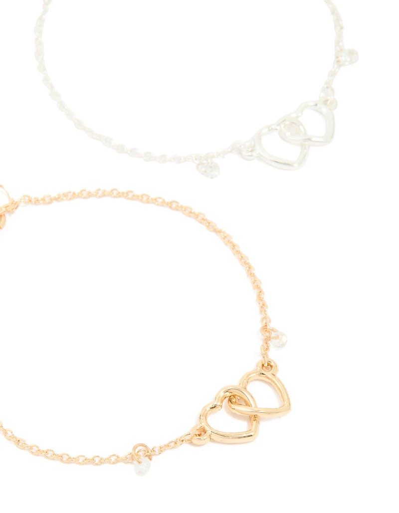 Mixed Metals Open Linked Hearts Cubic Zirconia Bracelets 2-Pack