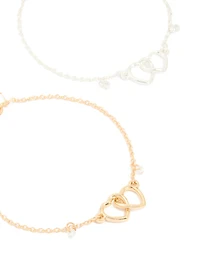 Mixed Metals Open Linked Hearts Cubic Zirconia Bracelets 2-Pack