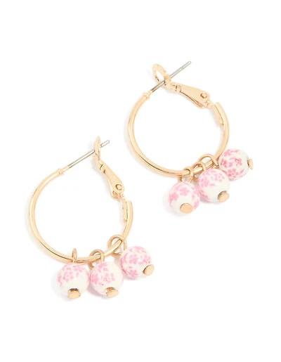 Gold Mini Hand-Painted Pink Floral Ball Hoop Earrings