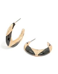 Gold Textured & Black Resin Hoop Earrings