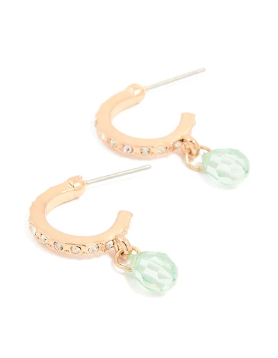 Gold Diamante & Green Beaded Drop Open Hoop Earrings