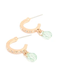 Gold Diamante & Green Beaded Drop Open Hoop Earrings