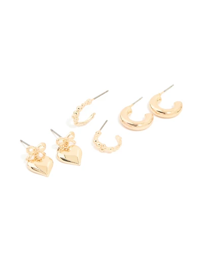 Gold Bubble & Heart Earrings 3-Pack