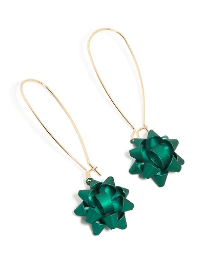 Gold Green Present Bow Hook Earrings