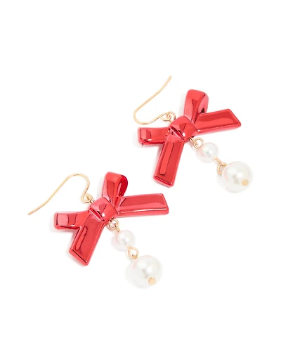 Gold Red Metallic Bow & Pearl Drop Earrings