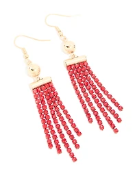 Gold Red Diamante Ball Cup Chain Drop Earrings