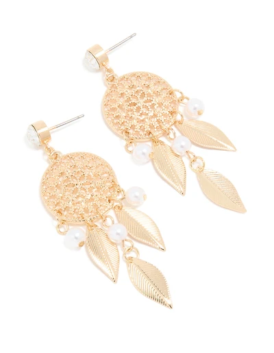Gold Diamante Pearl Dreamcatcher Earrings