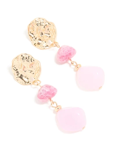 Gold Pink Beaded & Molten Disc Drop Earrings