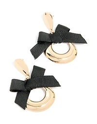Gold Black Bow Round Drop Earrings