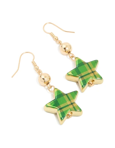 Gold Green Gingham Star & Ball Drop Earrings