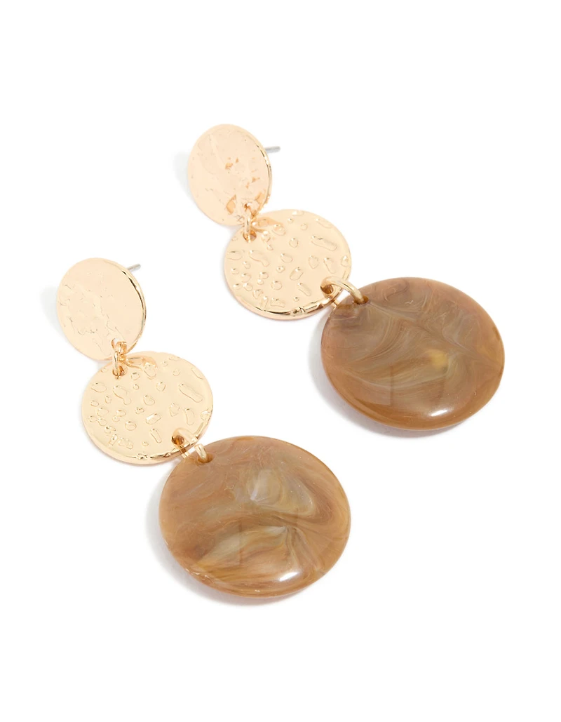 Gold Molten & Brown Stone Round Drop Earrings