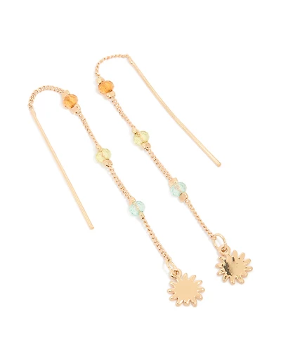Gold Beaded Station Sun Chain Drop Earrings
