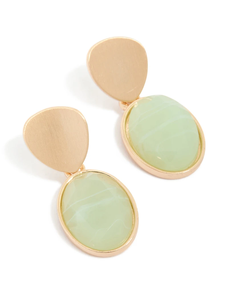 Gold Green Stone Brushed Drop Earrings