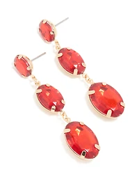 Gold Red Diamante Oval Drop Earrings