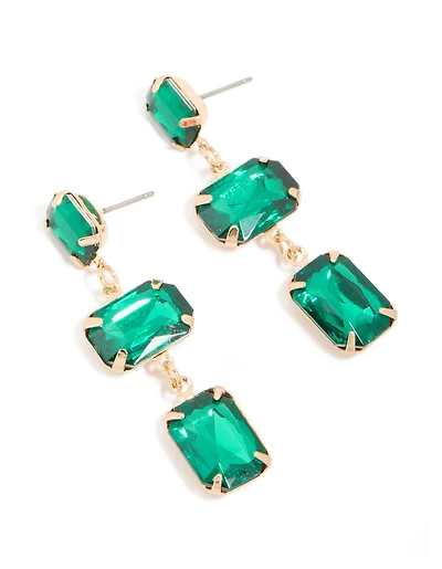 Gold Green Diamante Rectangles Drop Earrings