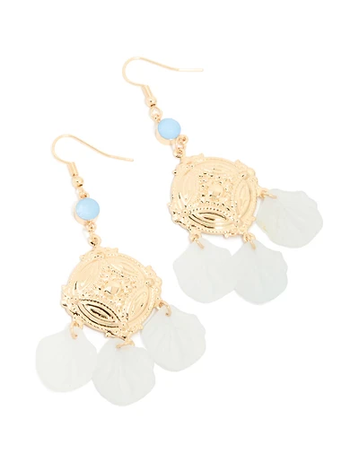 Gold Blue Diamante Disc & White Petal Drop Earrings