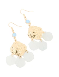 Gold Blue Diamante Disc & White Petal Drop Earrings
