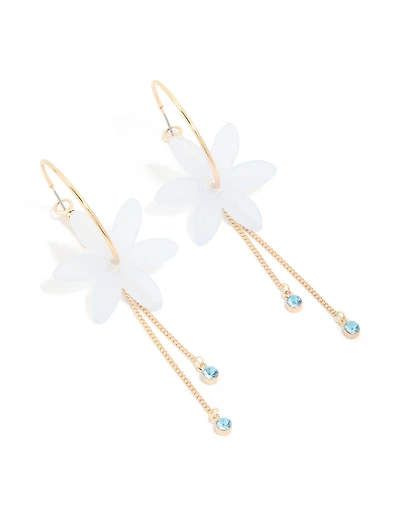 Gold Blue Diamante & White Floral Chain Drop Earrings