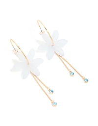 Gold Blue Diamante & White Floral Chain Drop Earrings