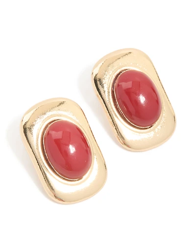 Boucles d’oreilles rectangulaires en pierre rouge dorée et boucles d’oreilles ovales