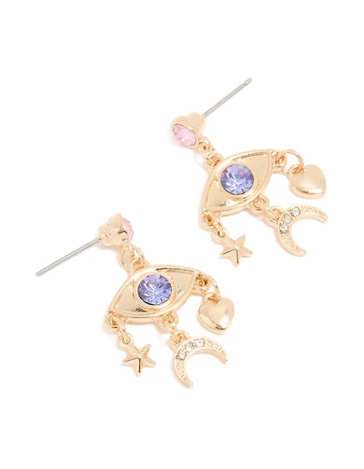 Gold Diamante Eye Celestial Drop Earrings