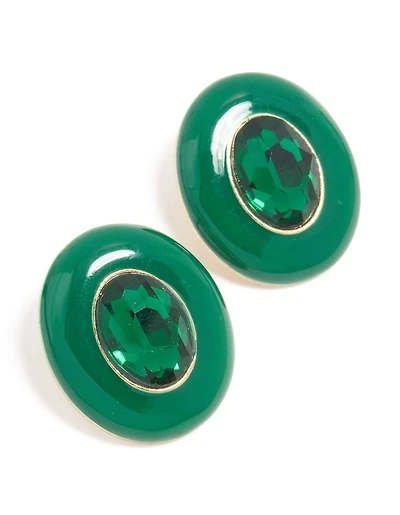 Gold Green Diamante Vintage Circle Border Stud Earrings