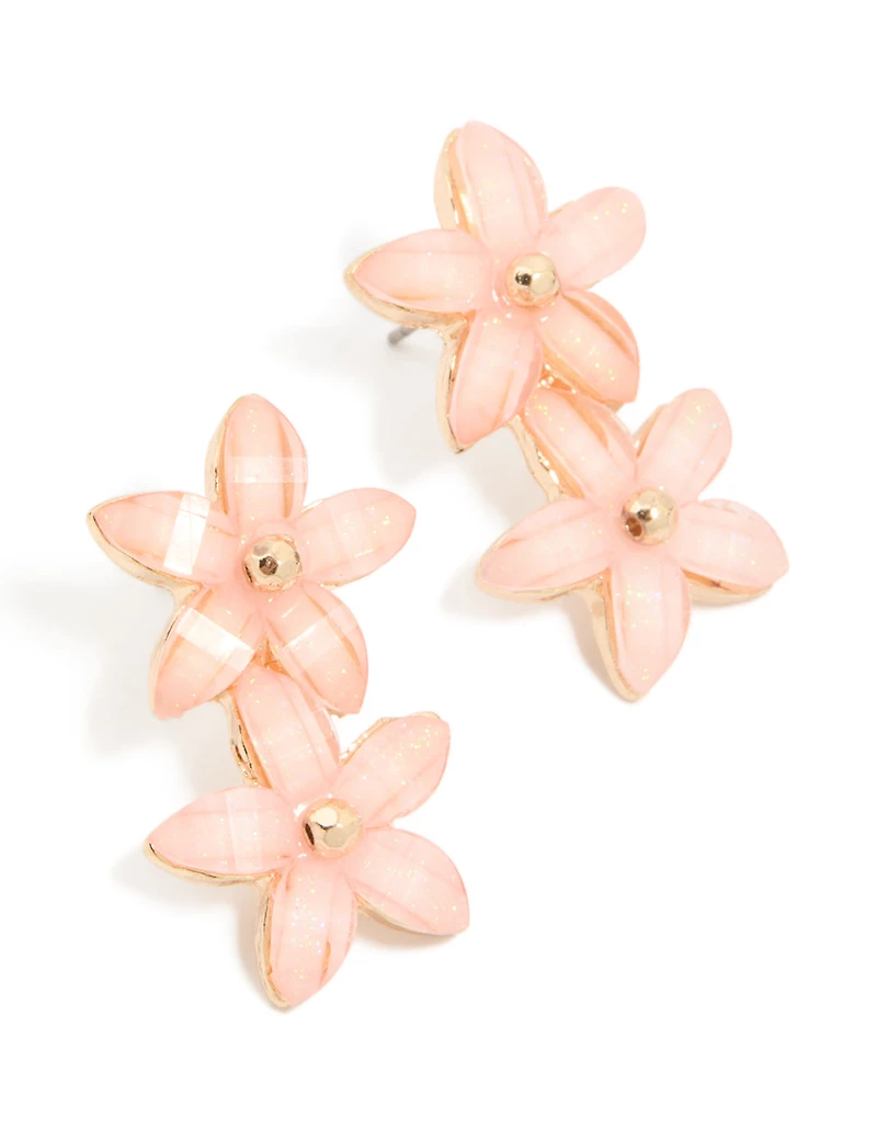 Shiny Gold Double Pink Flower Drop Earrings