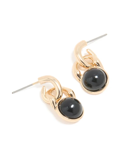 Gold Black Stone Mini Doorknocker Round Stud Earrings
