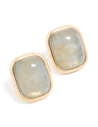 Gold Marbled Stone Rectangle Stud Earrings