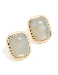 Gold Marbled Stone Rectangle Stud Earrings