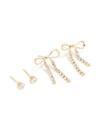Gold Diamante Cup Chain Bow & Classic Stud Earrings 2-Pack