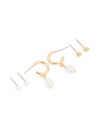 Gold Pearl Hoop & Ball Stud Earrings 3-Pack