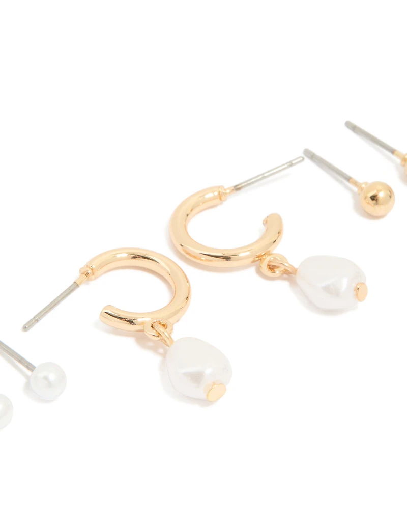 Gold Pearl Hoop & Ball Stud Earrings 3-Pack