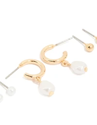 Gold Pearl Hoop & Ball Stud Earrings 3-Pack